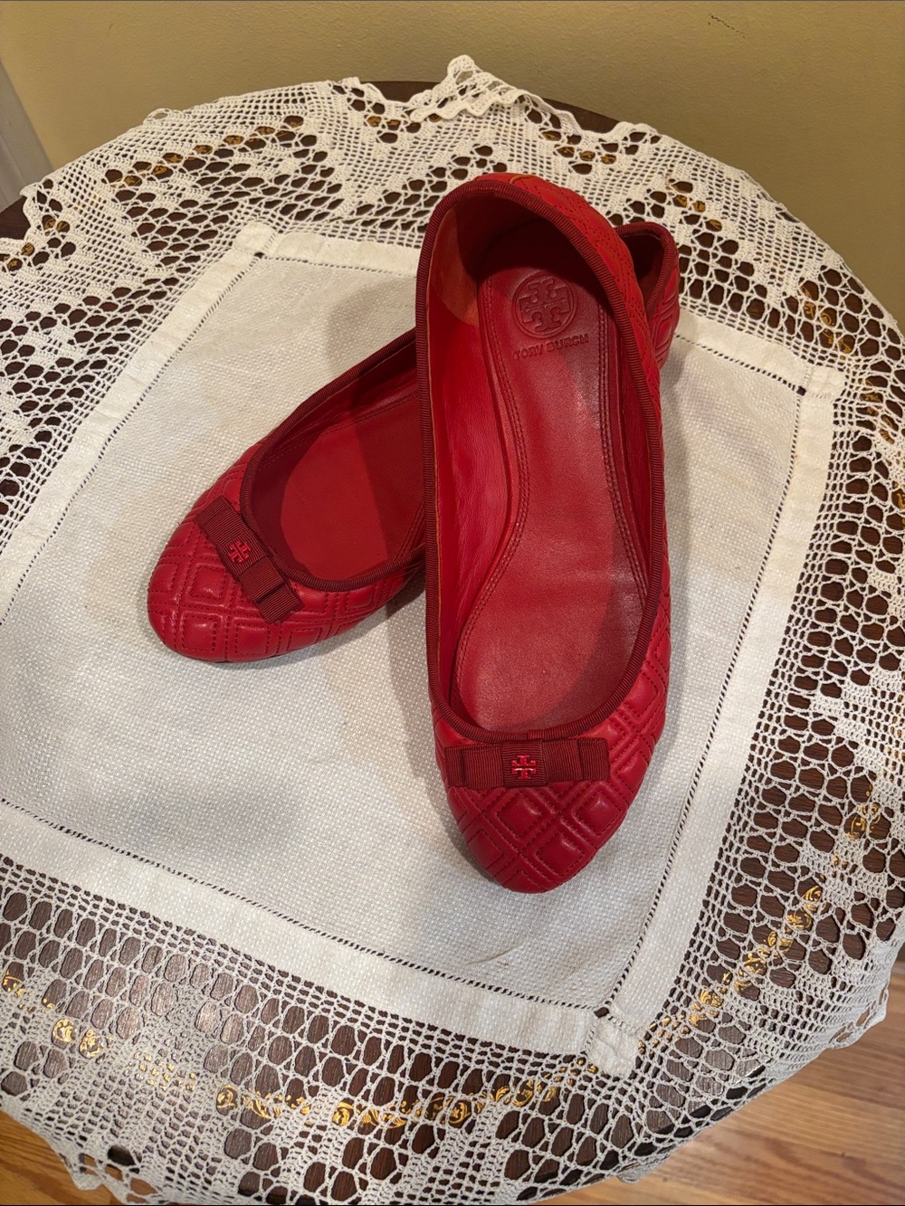Tory Burch Quilted Red Ballet Flats with Logo Bow